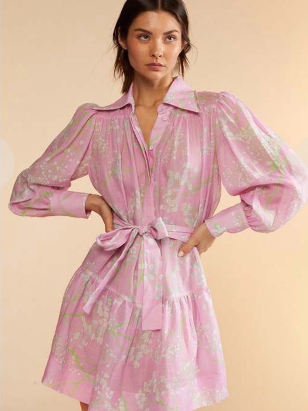 Cynthia Rowley Pink & Light Green Floral Tie-Waist Mini Dress